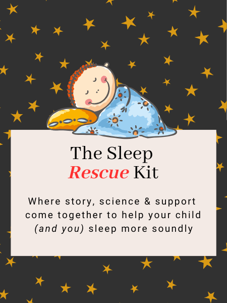 Peaceful child sleeping beneath stars, symbolising the calming bedtime routine supported by The Sleep Rescue Kit’s audiostory, meditation recording, yoga, breathwork and science based sleep tools